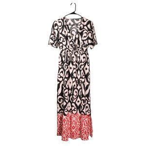 Shein Women's Maxi Dress Ivory Black Red Abstract V-Neck Stretch Side Slit Small